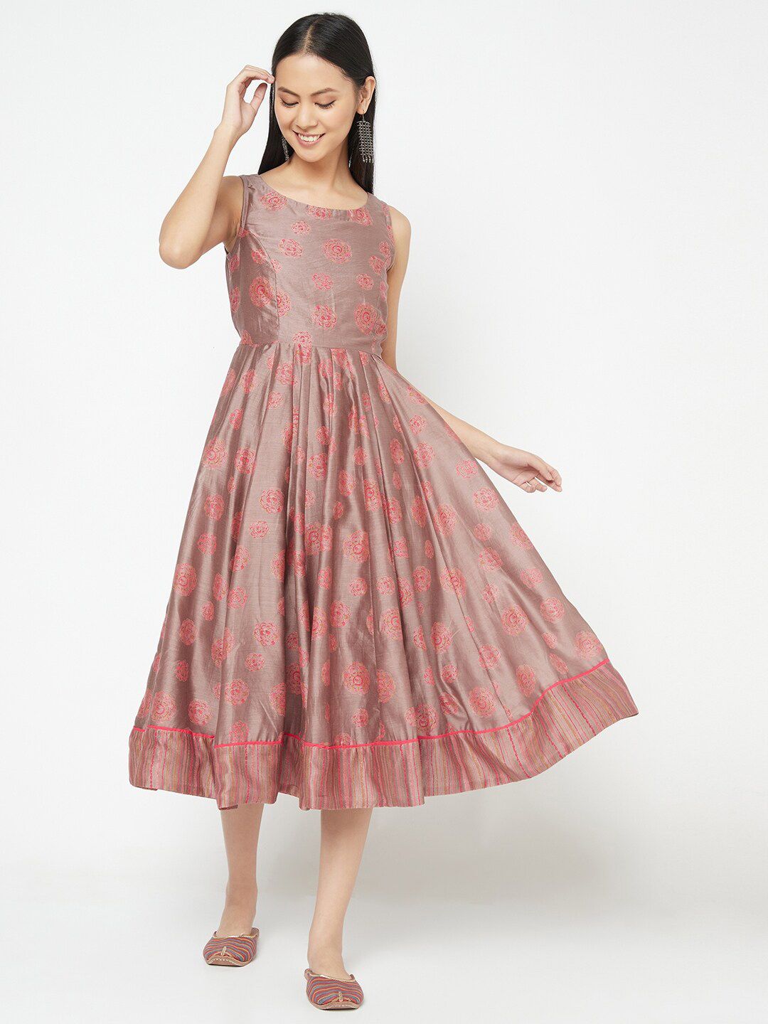 Fabindia Taupe & Pink Ethnic Motifs Printed Cotton Silk Fit & Flare Midi Dress Price in India