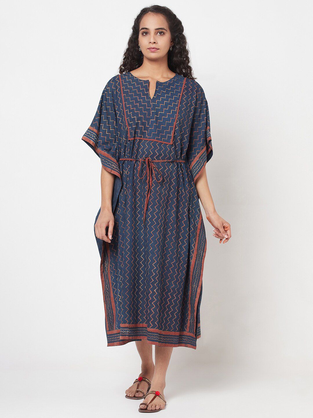 Fabindia Blue & Red Ethnic Motifs Keyhole Neck Cotton Kaftan Midi Dress Price in India