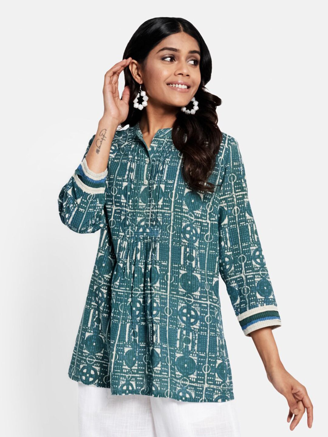 Fabindia Women Green Printed Mandarin Collar Pure Cotton Shirt Style Top Price in India