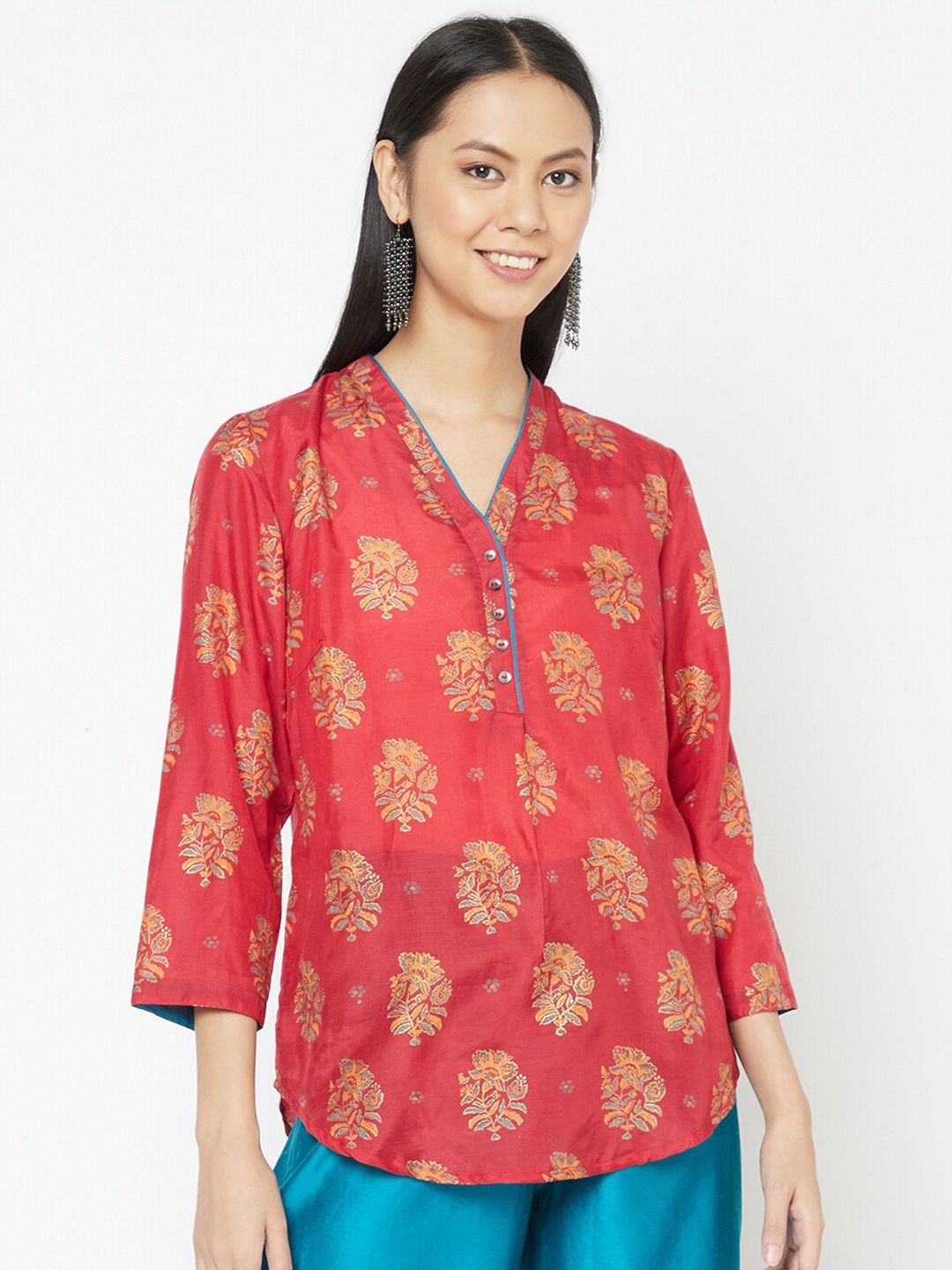 Fabindia Red & Gold-Toned Ethnic Motifs Printed Top Price in India