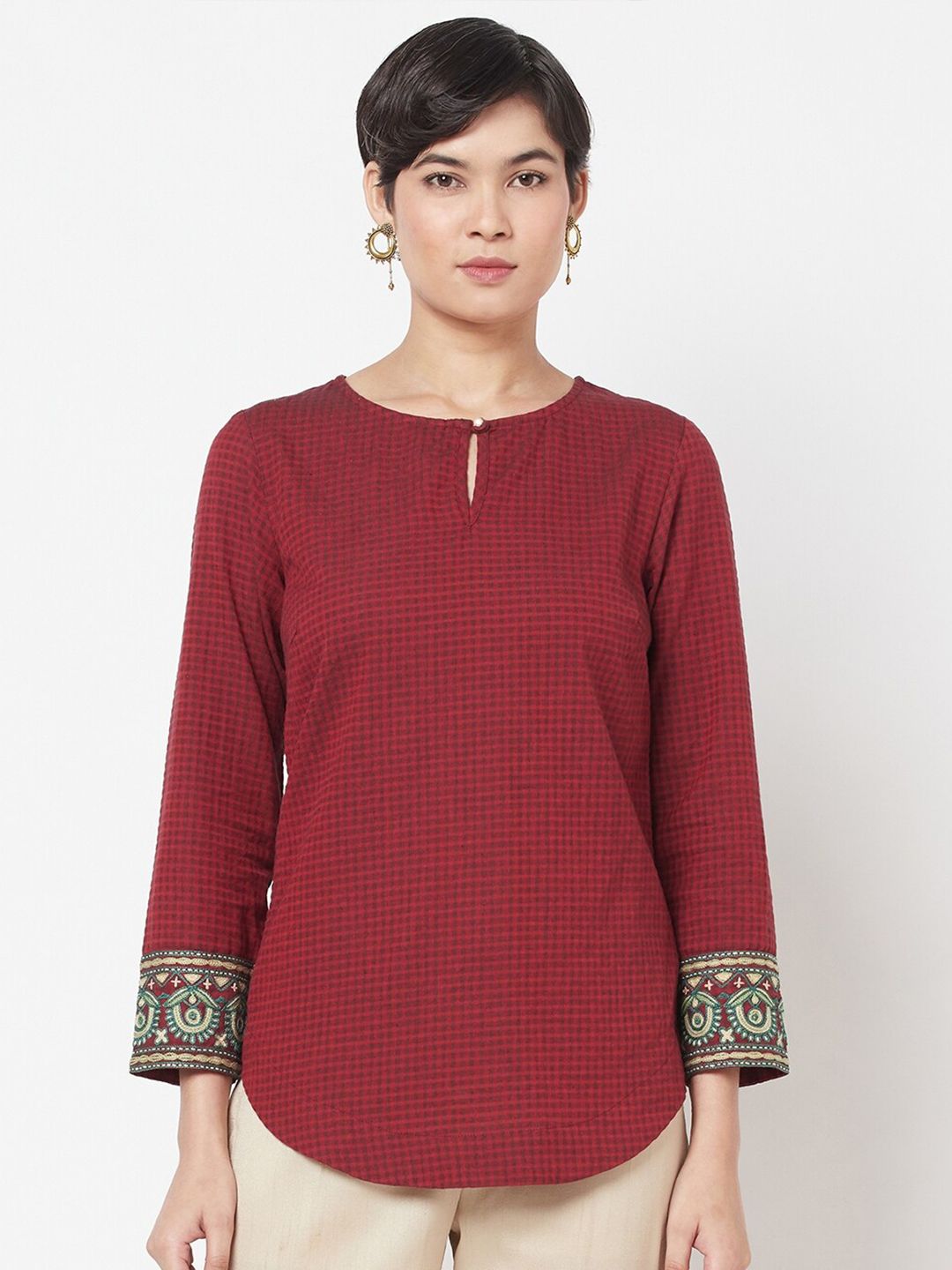 Fabindia Maroon Checked Keyhole Neck Top Price in India