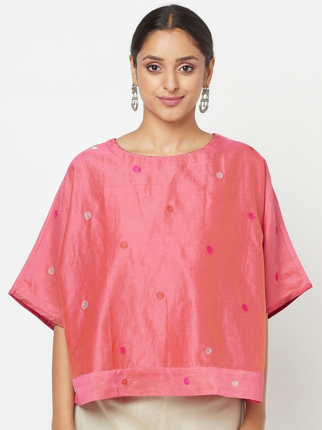 Fabindia Pink Embroidered Extended Sleeves Top Price in India
