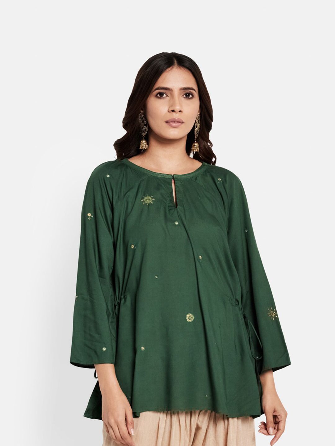 Fabindia Green Embellished Embroidered Keyhole Modal Neck Top Price in India