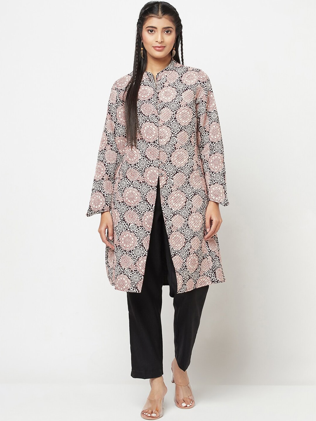 Fabindia Women Black & Beige Floral Longline Cotton Tailored Jacket Price in India