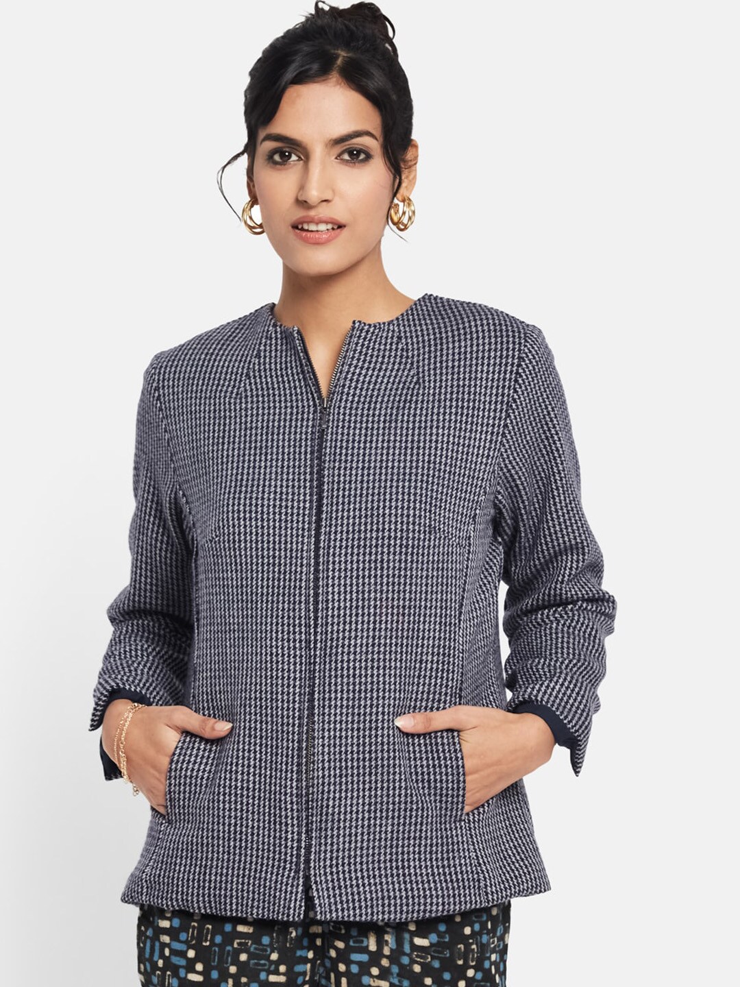 Fabindia Women Blue Tweed Tailored Jacket Price in India