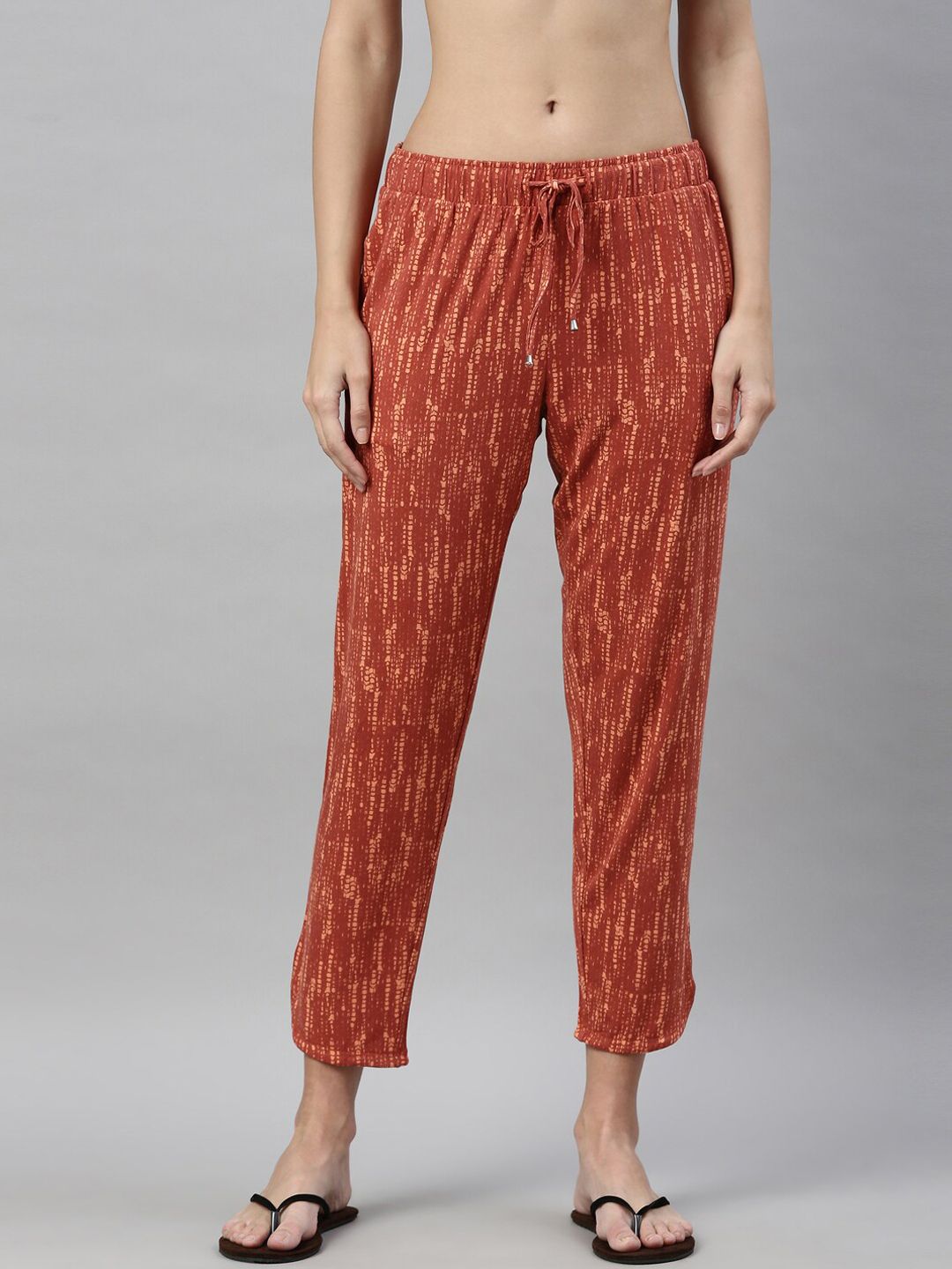 Enamor Women Brown & Orange Printed Relaxed-Fit Lounge Pants Price in India