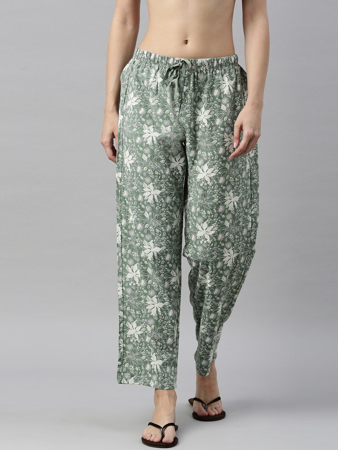 Enamor Women Green & White Printed Lounge Pants Price in India