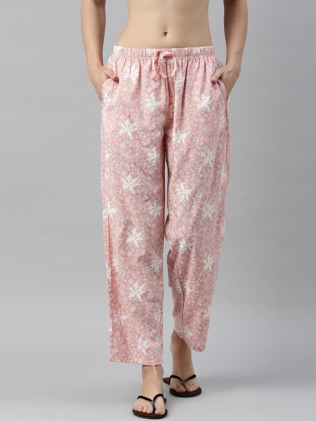 Enamor Women Pink & White Floral Printed Lounge Pants Price in India