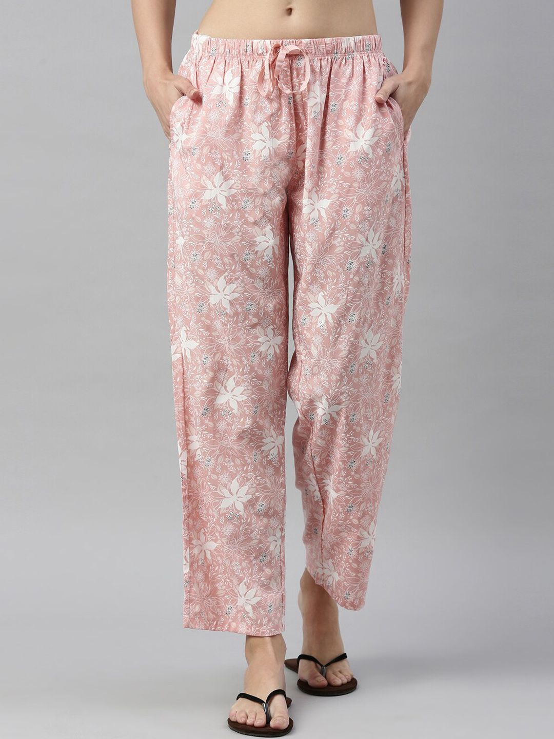 Enamor Women Pink & White Printed Relaxed-Fit Lounge Pants Price in India