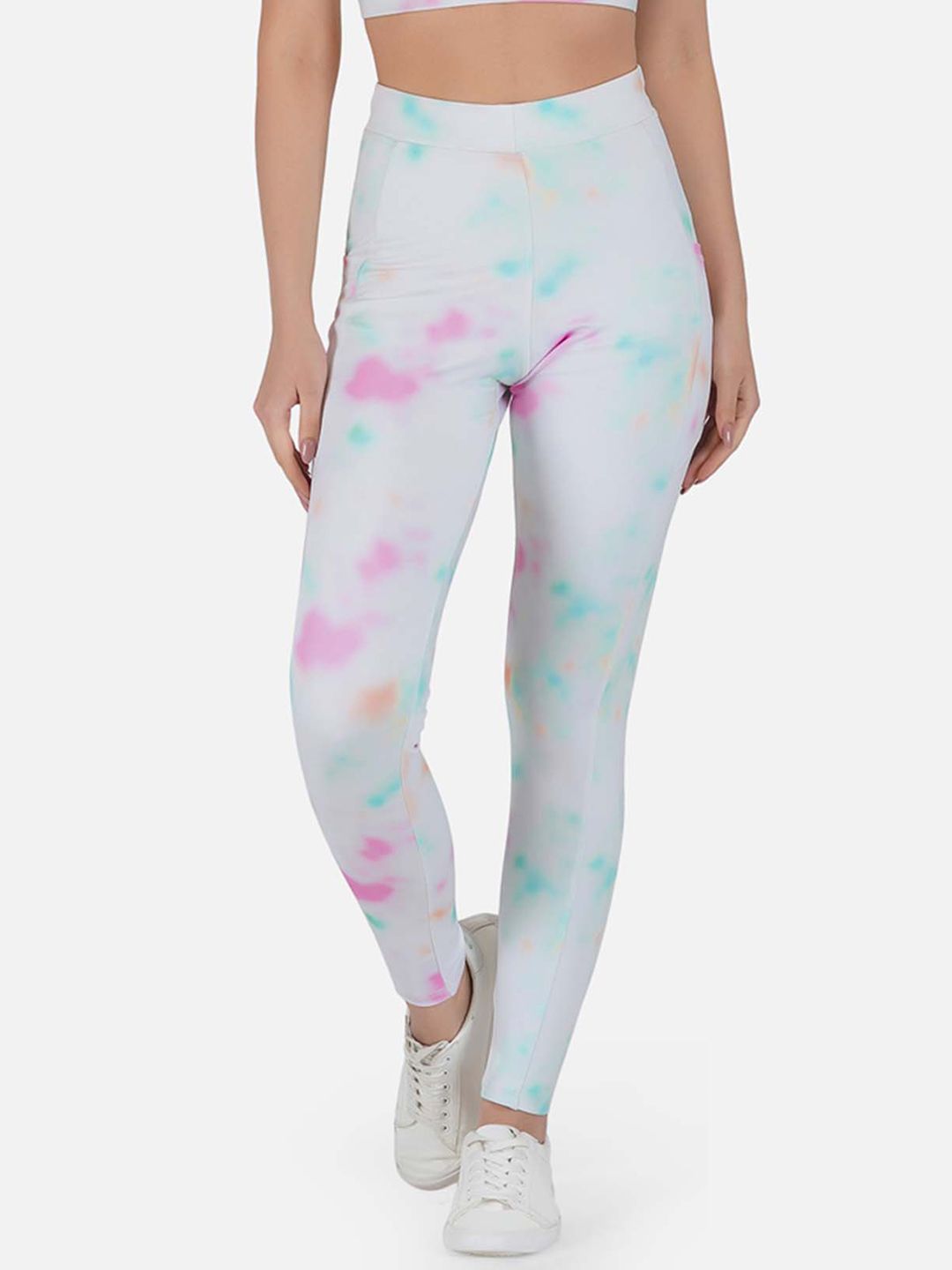 IMPERATIVE Women White & Pink Tie & Dye Slim Fit Dry-Fit Tights Price in India