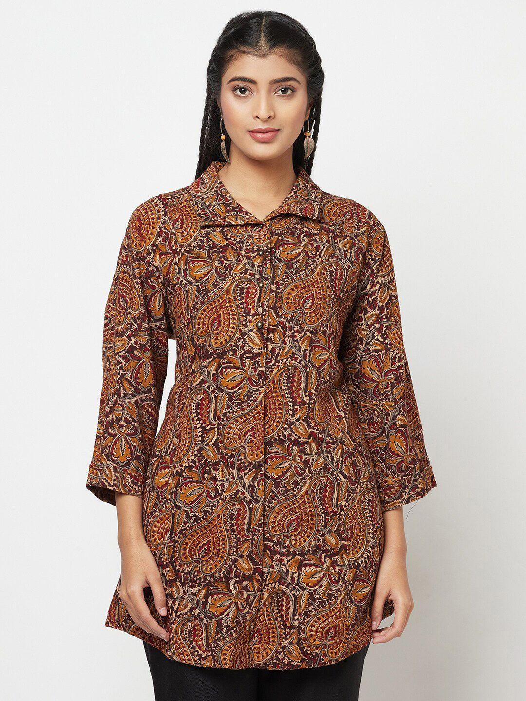 Fabindia Maroon & Rust Paisley Block Printed Shirt Collar Cotton A-line Kurti Price in India
