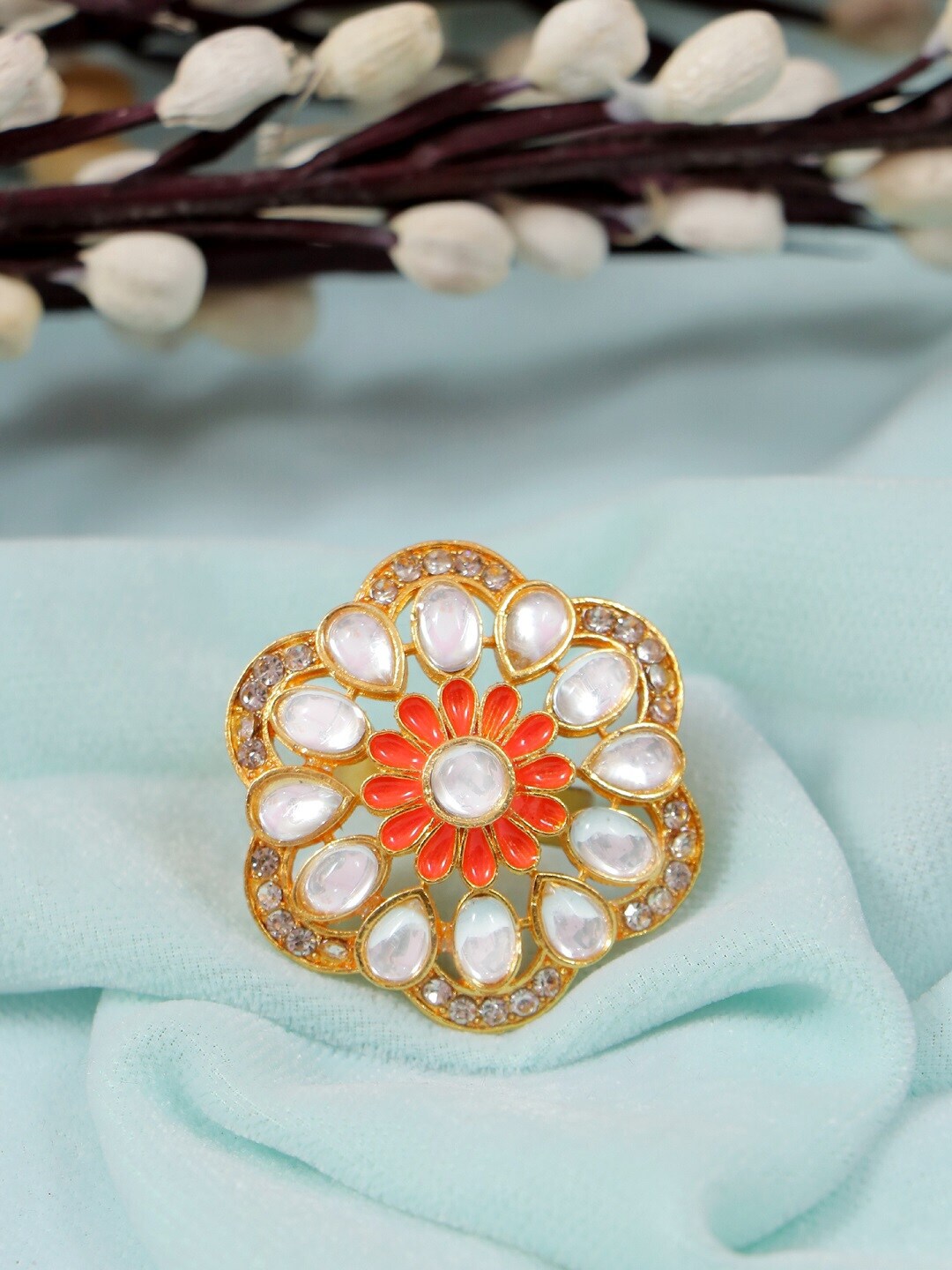 Crunchy Fashion Women Gold-Plated White Kundan-Studded Meenakari Finger Ring Price in India