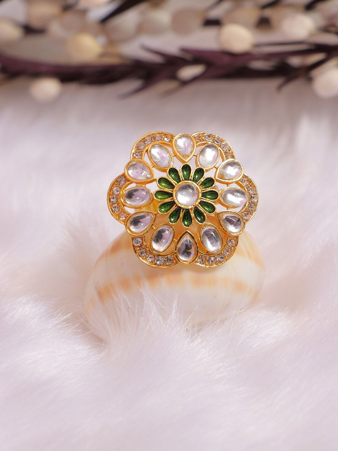 Crunchy Fashion Women Gold-Plated & Green Kundan-Studded Adjustable Finger Ring Price in India