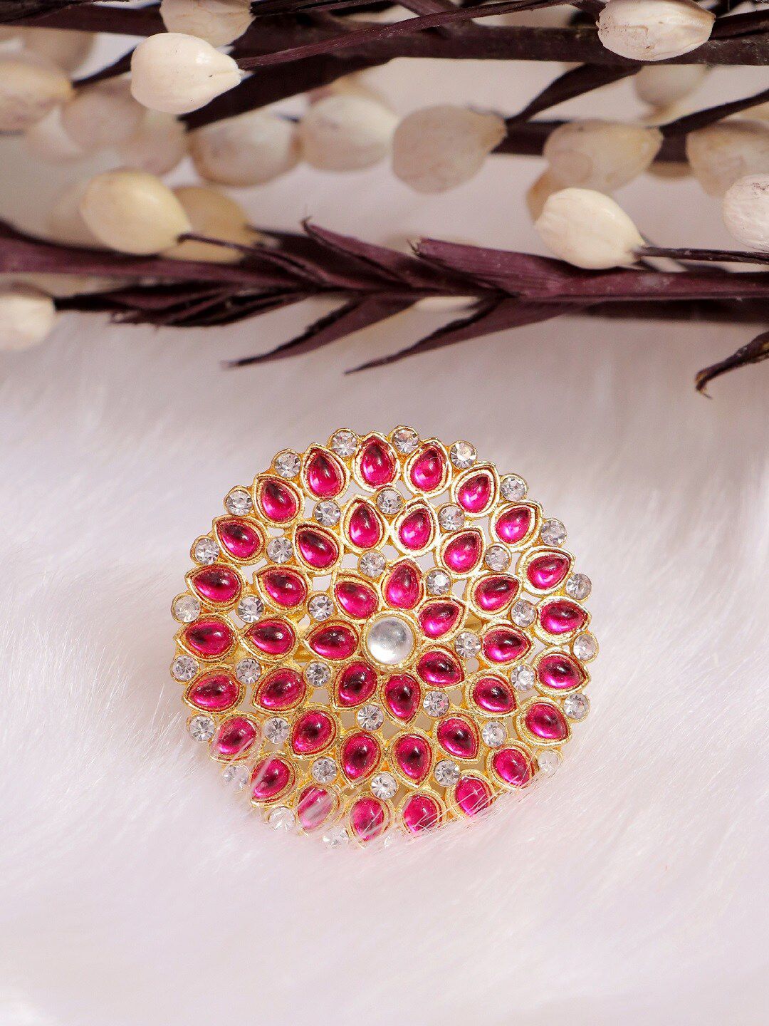 Crunchy Fashion Gold-Plated Pink Crystal Studded Ring Price in India