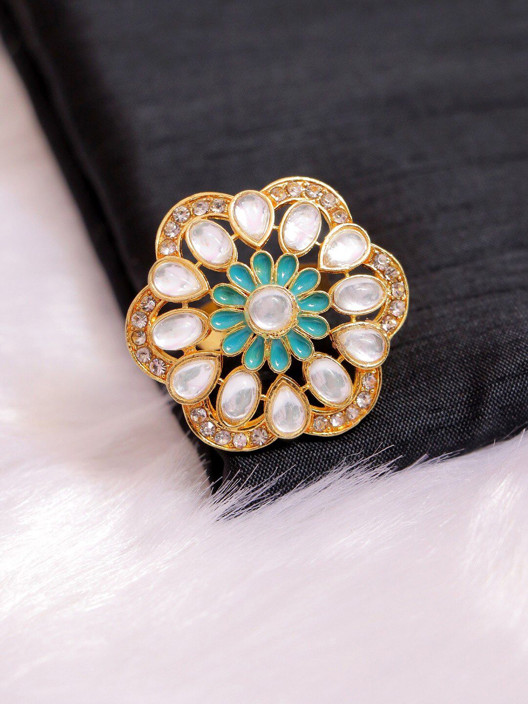 Crunchy Fashion Gold-Plated White & Green Kundan-Studded Meenakari Finger Ring Price in India