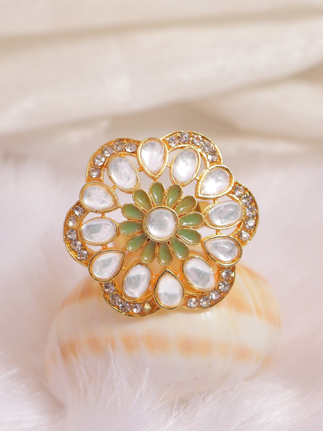 Crunchy Fashion Gold-Plated White Kundan-Studded Traditional Finger Ring Price in India