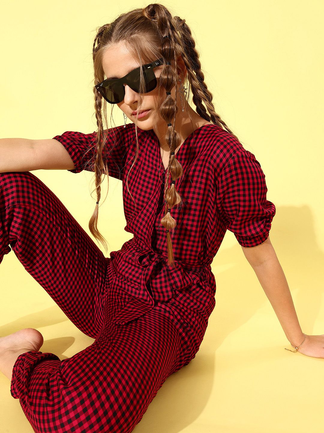 Popnetic Women Attractive Red Checked All In The Details Jumpsuit Price in India