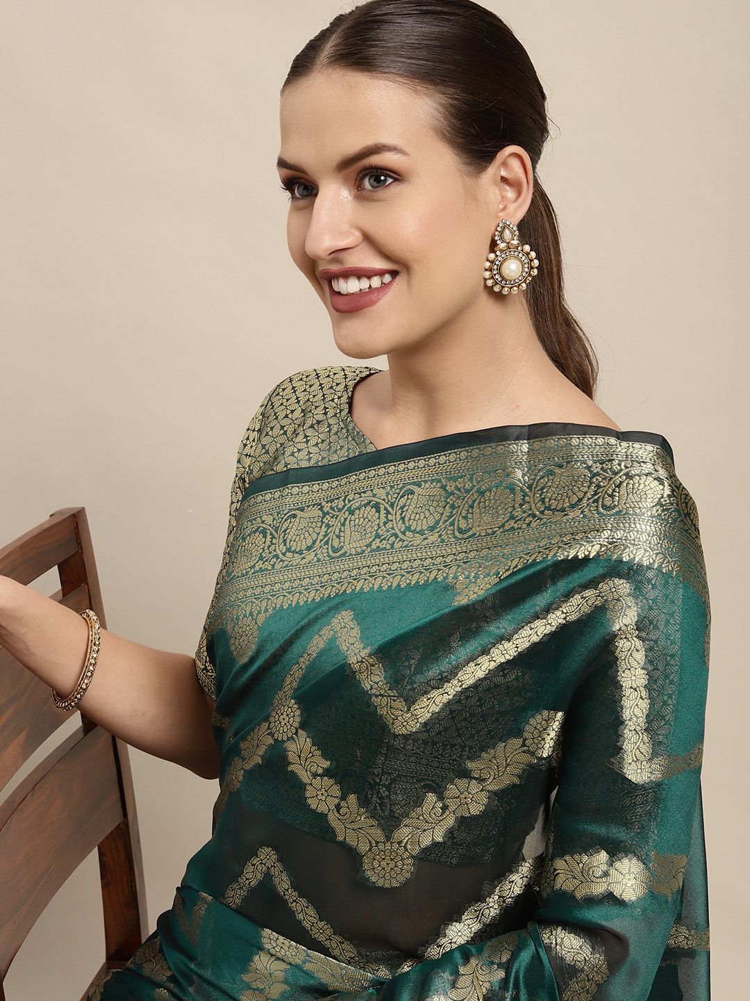 Mitera Green & Gold-Toned Ethnic Motifs Zari Organza Kanjeevaram Saree Price in India