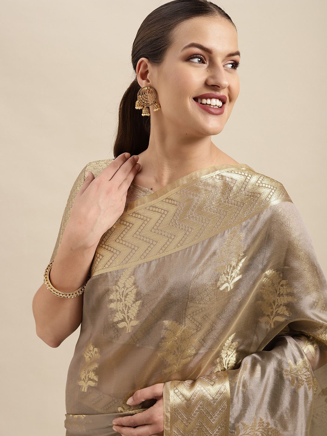 Mitera Grey & Golden Ethnic Motifs Zari Organza Kanjeevaram Saree Price in India