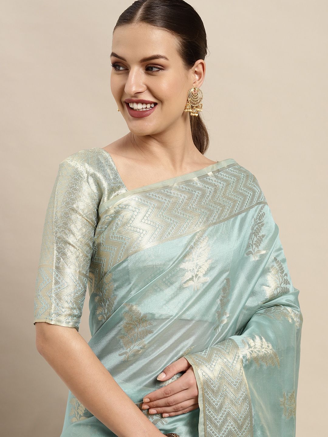 Mitera Blue & Gold-Toned Ethnic Motifs Zari Organza Kanjeevaram Saree Price in India