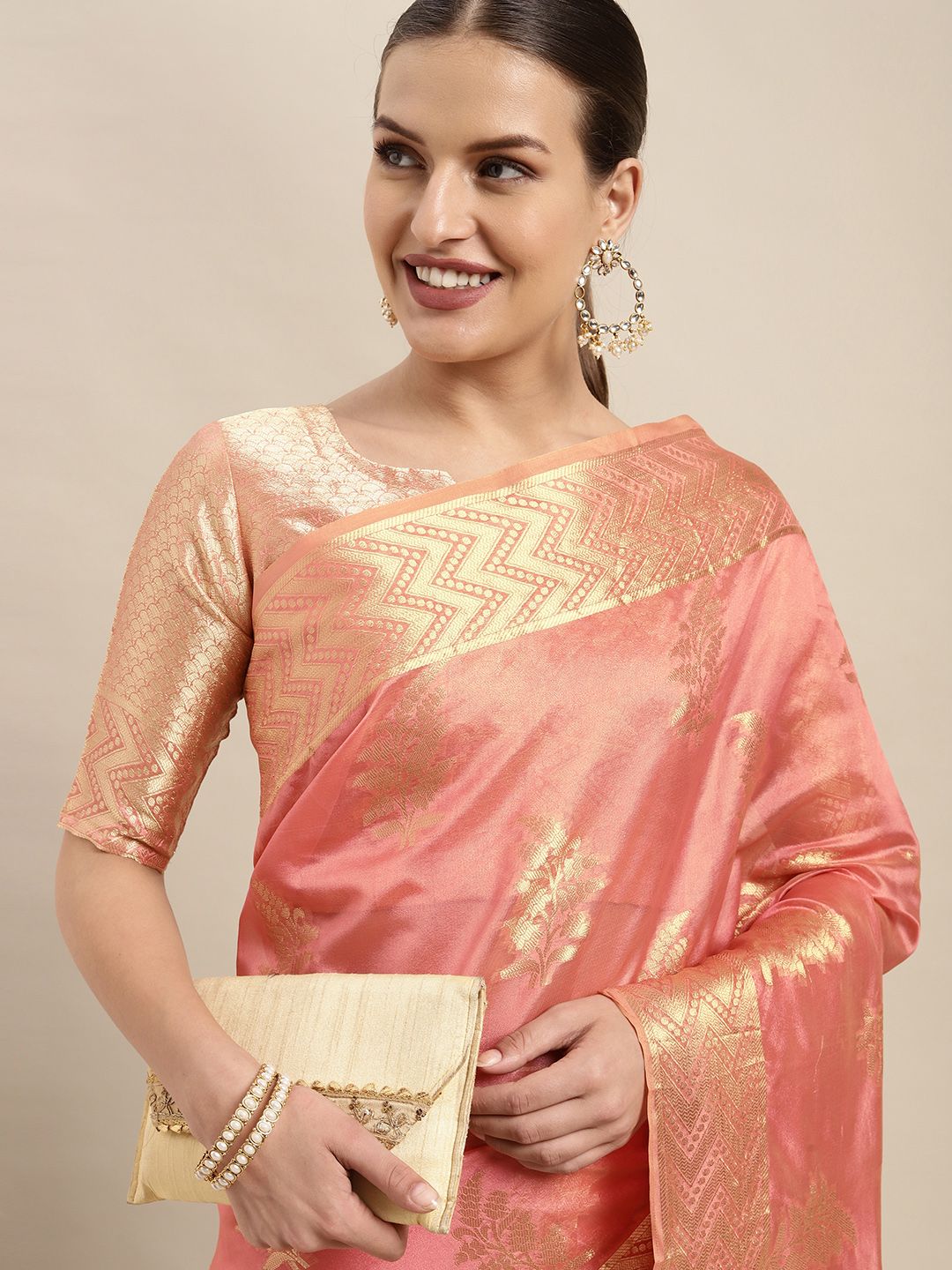 Mitera Pink & Gold-Toned Ethnic Motifs Zari Organza Kanjeevaram Saree Price in India