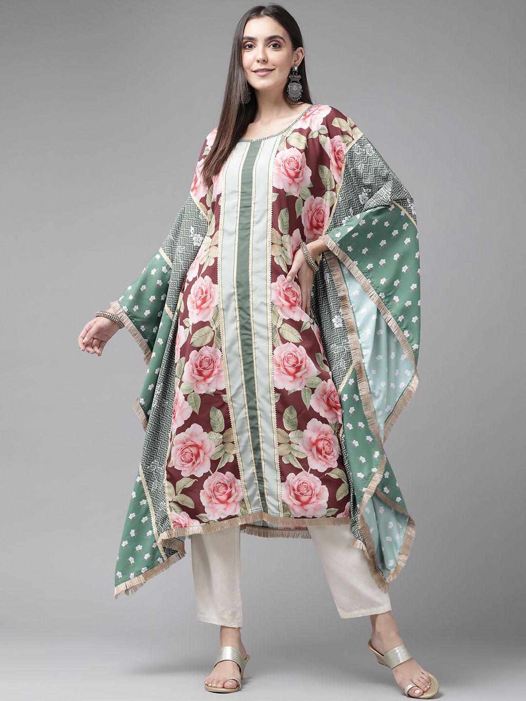 Ahalyaa Women Green & Pink Floral Printed Flared Sleeves Gotta Patti Floral Crepe Kaftan Kurta Price in India