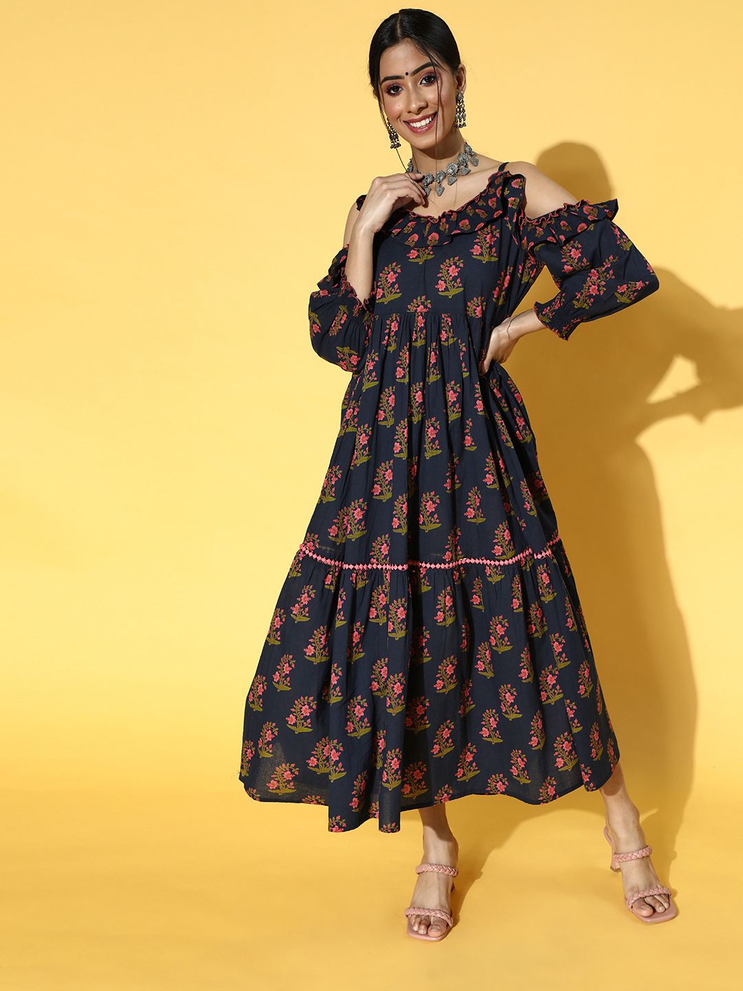 Yufta Women Deep Navy Blue Floral Swirling Volume Dress Price in India
