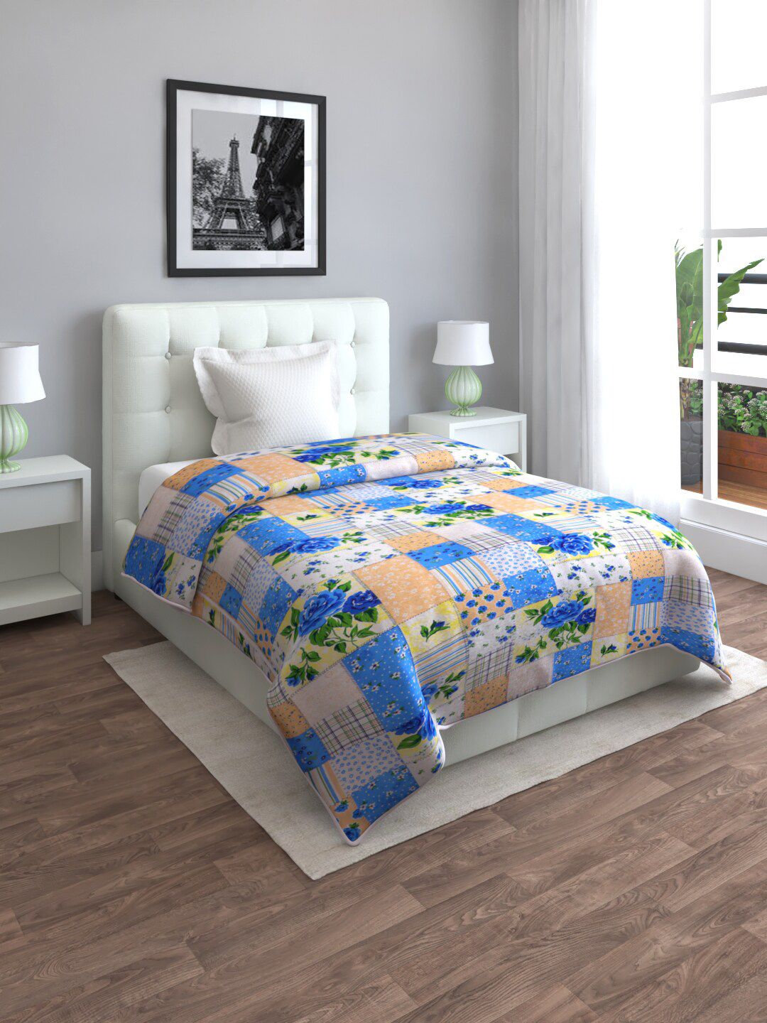 ROMEE Blue & White Floral Printed Reversible Cotton AC Room 210 GSM Single Bed Dohar Price in India