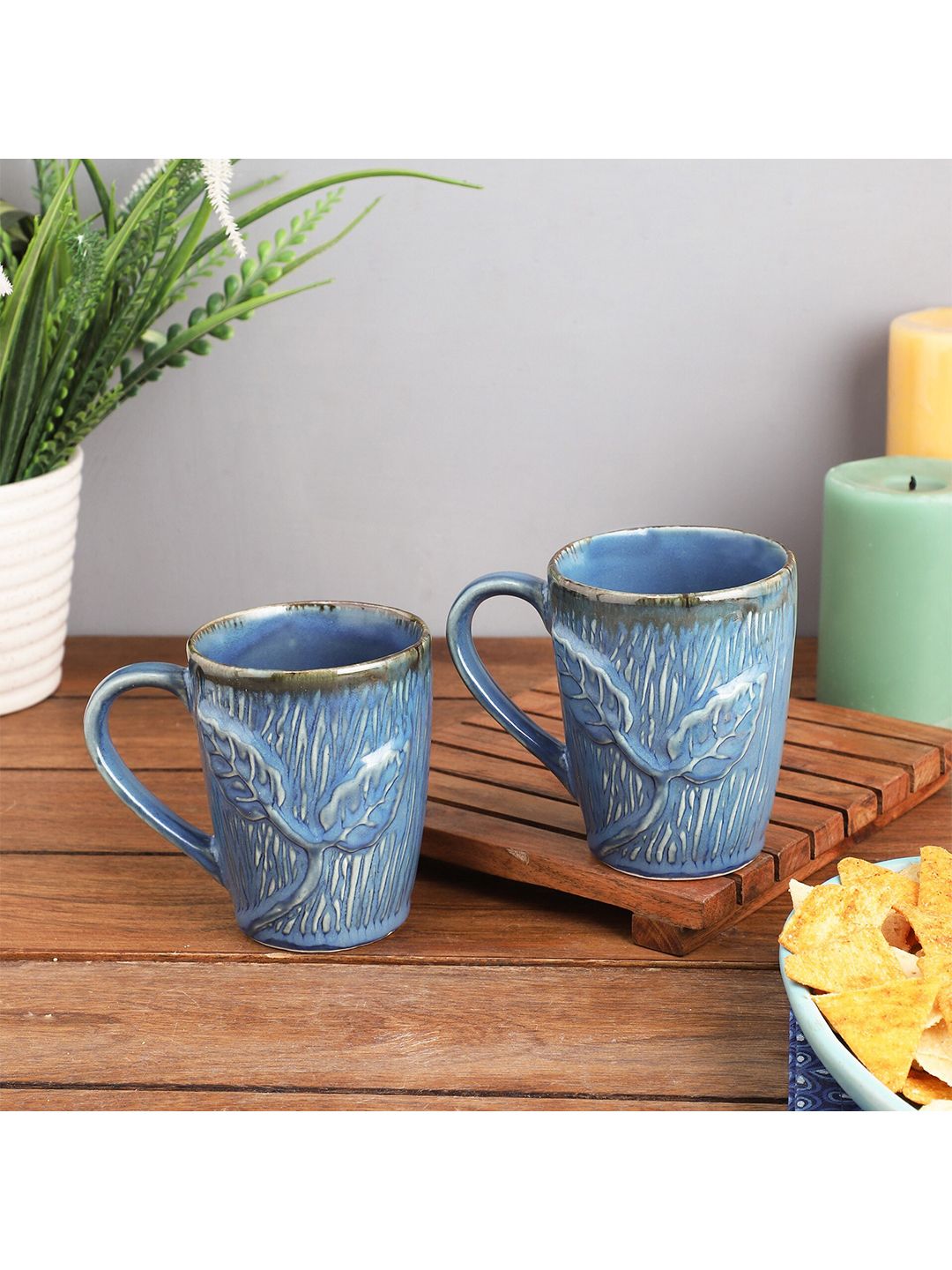 The Decor Mart Sky Blue Set Of 2 Floral Ceramic Mugs Price in India