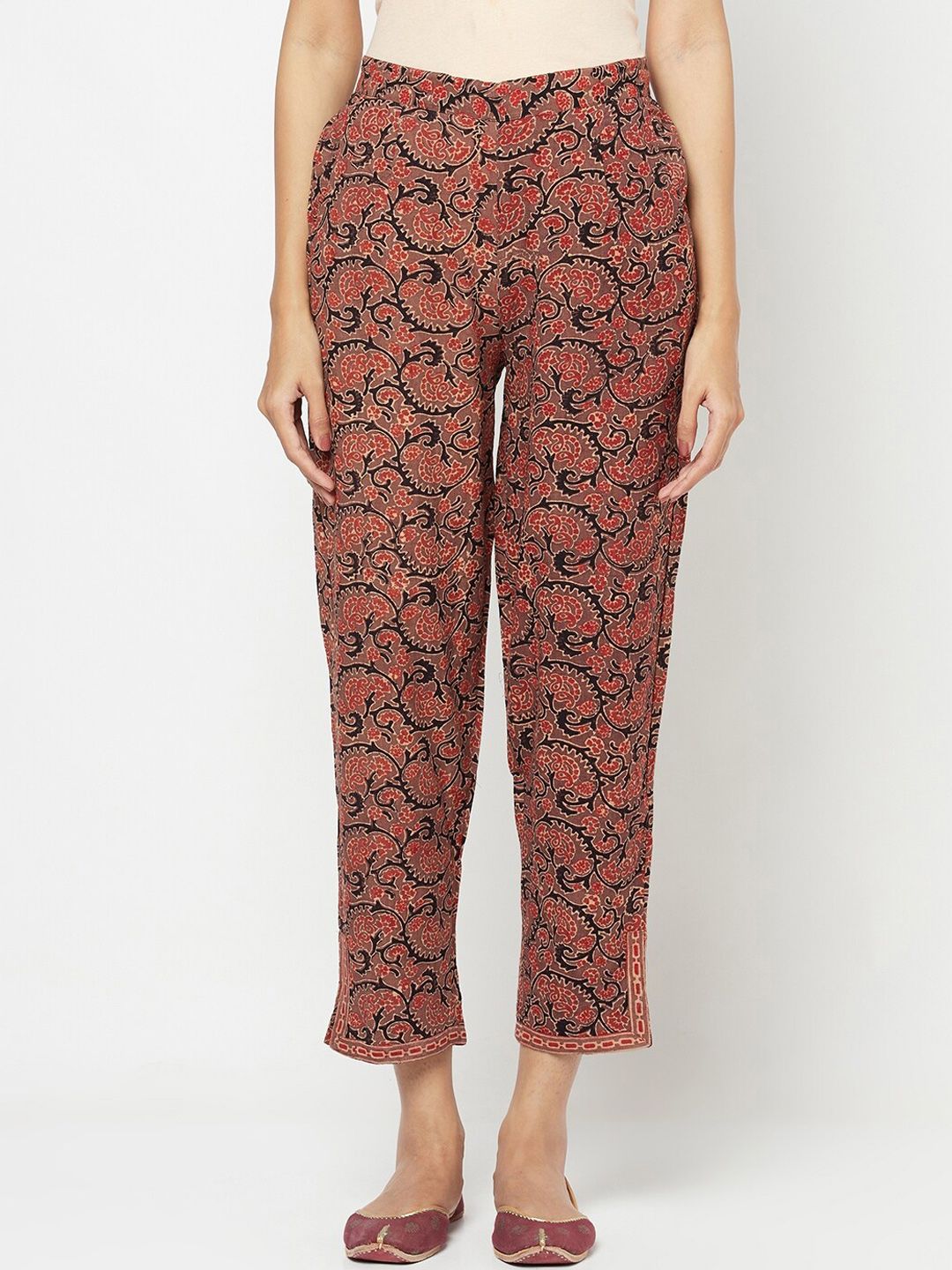 Fabindia Women Beige & Brown Ajrakh Printed Cropped Cotton Trousers Price in India