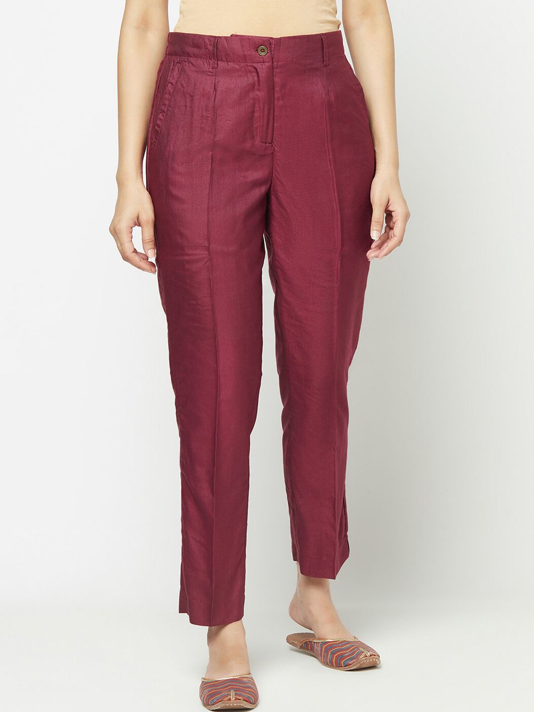 Fabindia Women Maroon Slim Fit Pleated Trousers Price in India