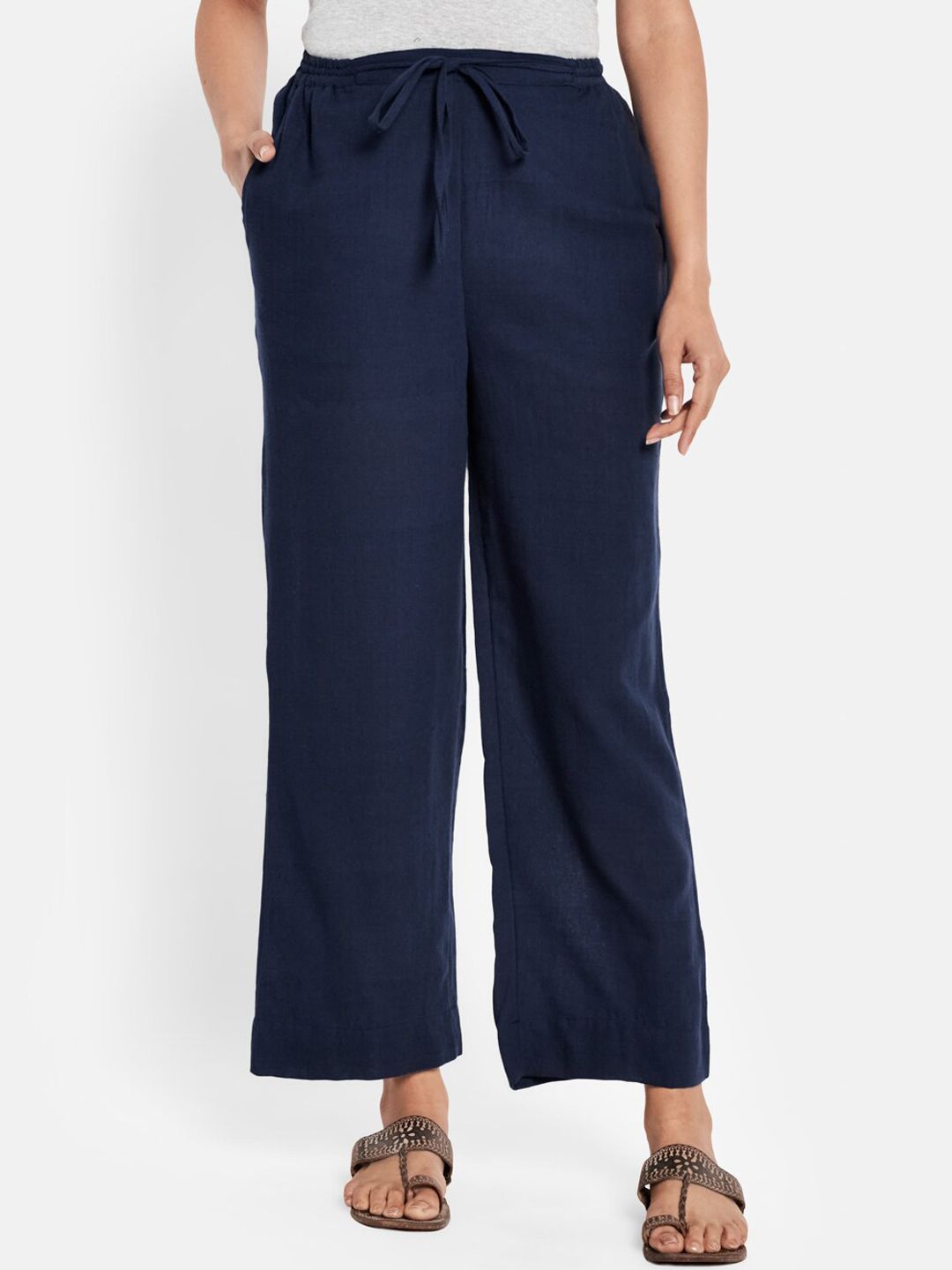 Fabindia Women Blue Solid Cotton Trousers Price in India
