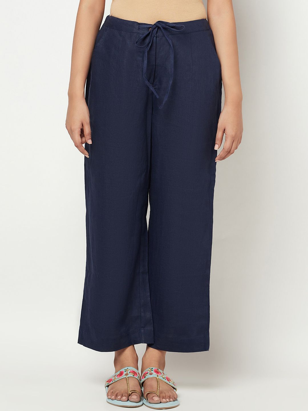 Fabindia Women Navy Blue Flared Linen Trousers