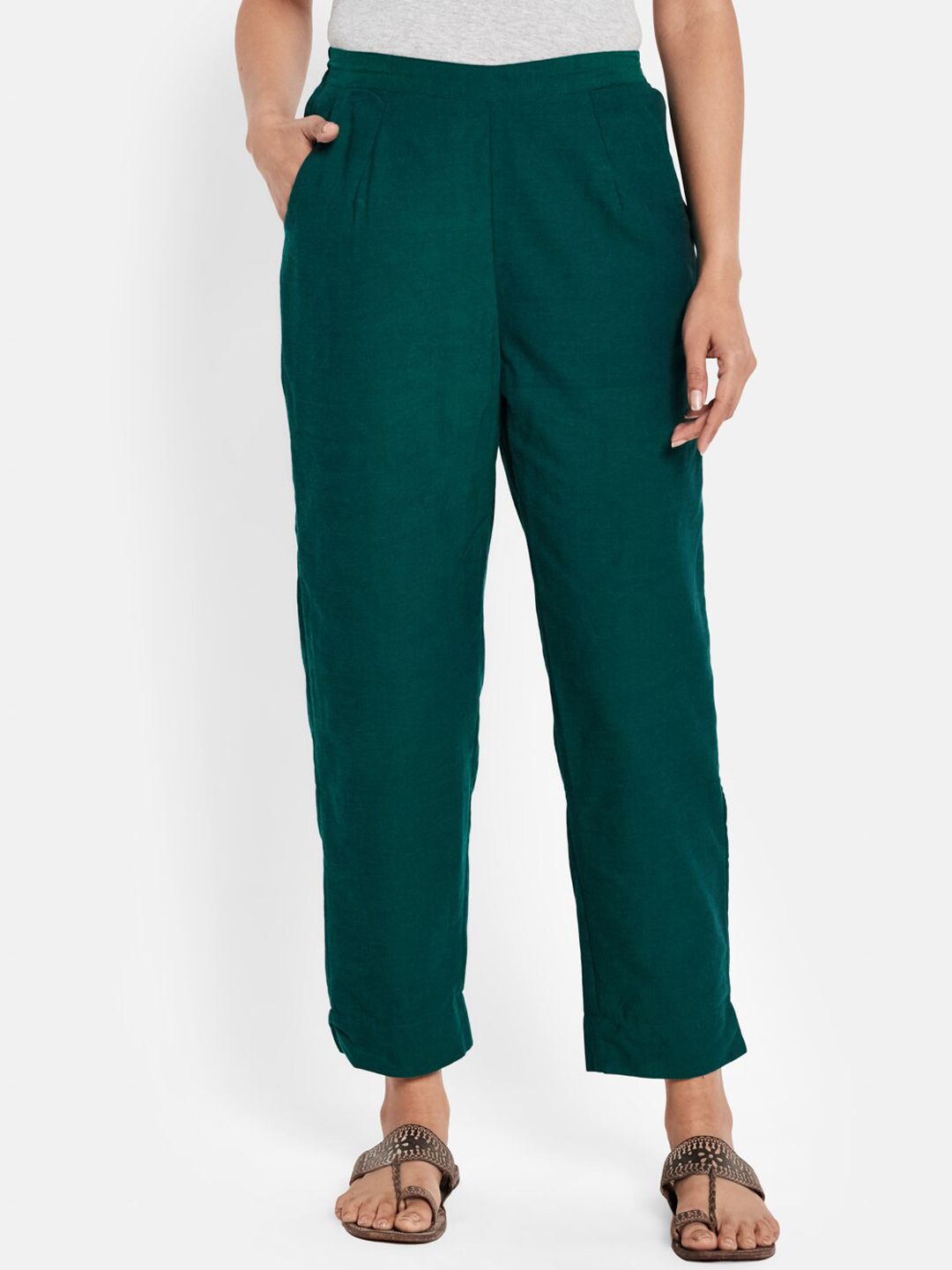 Fabindia Women Green Pleated Cropped Cotton Peg Trousers Price in India