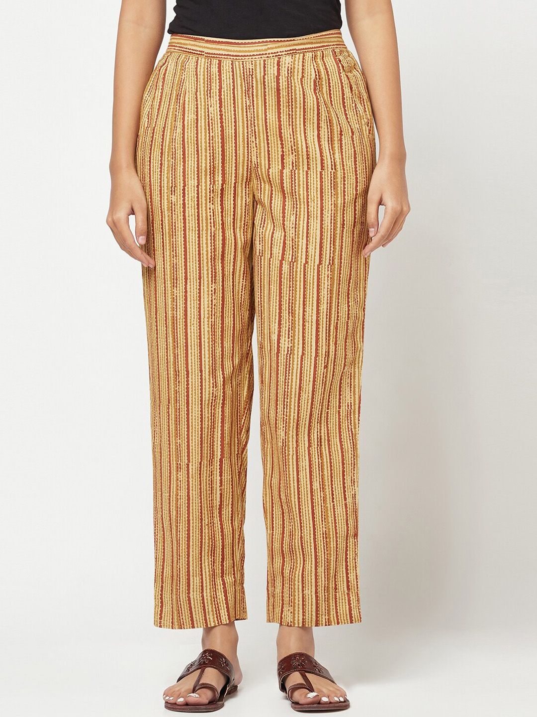 Fabindia Women Mustard Yellow Striped Trousers Price in India