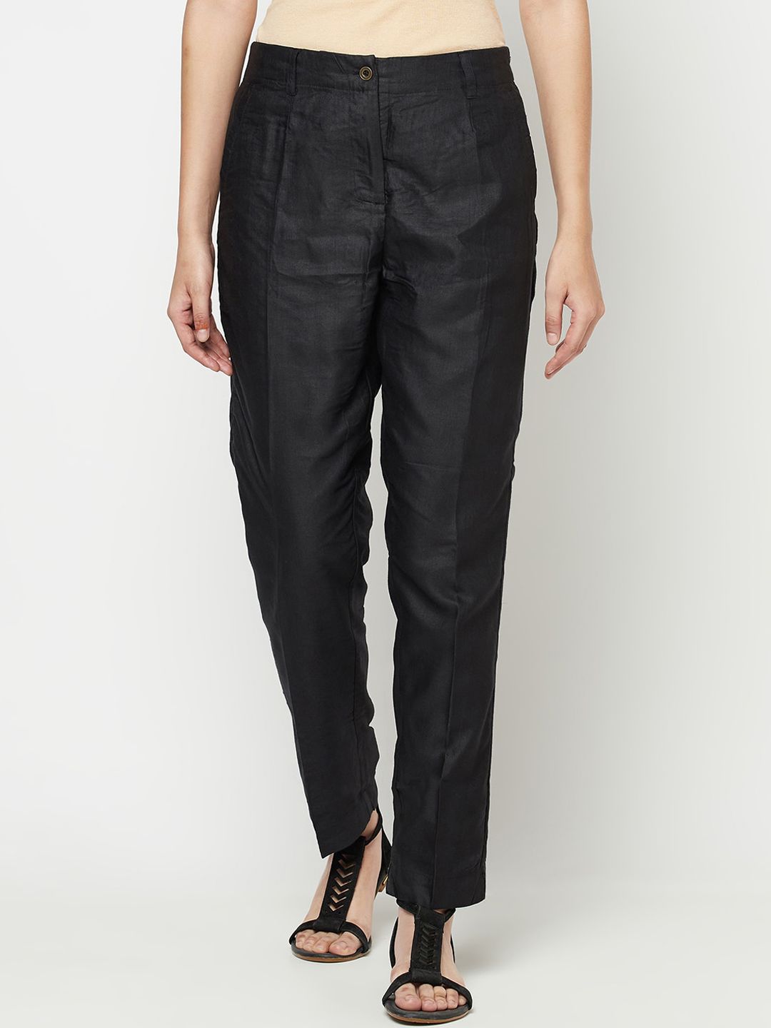 Fabindia Women Black Slim Fit Pleated Trousers Price in India