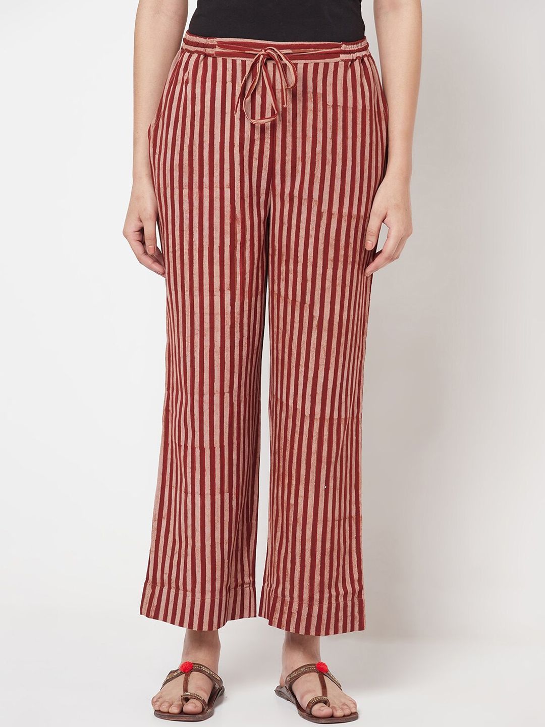 Fabindia Women Beige & Red Striped Cotton Regular Trousers Price in India