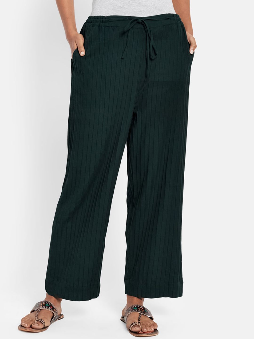 Fabindia Women Green Solid Cotton Parallel Trousers Price in India