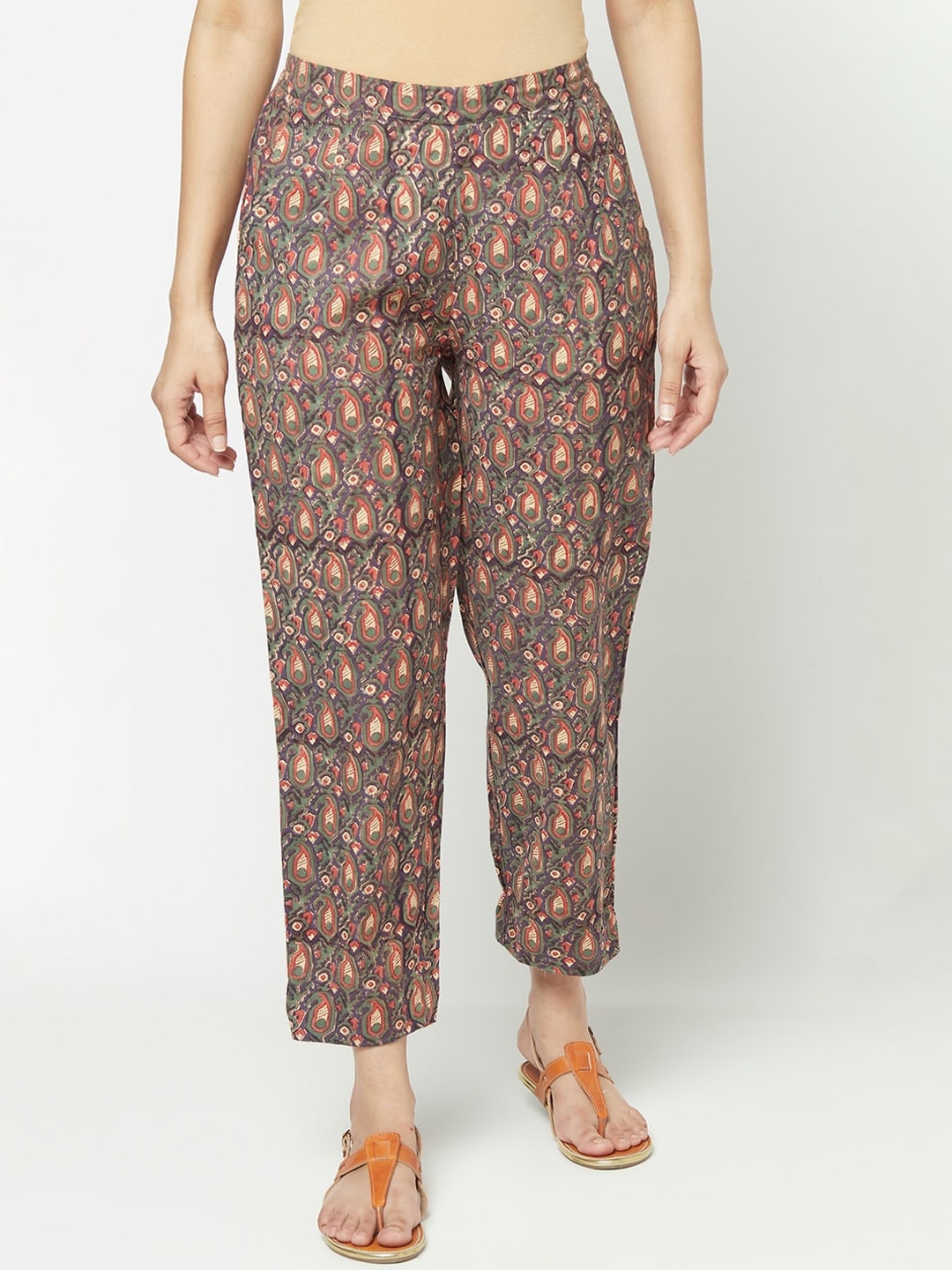 Fabindia Women Purple Ethnic Motifs Printed Tapered Fit Cotton Linen Trousers Price in India