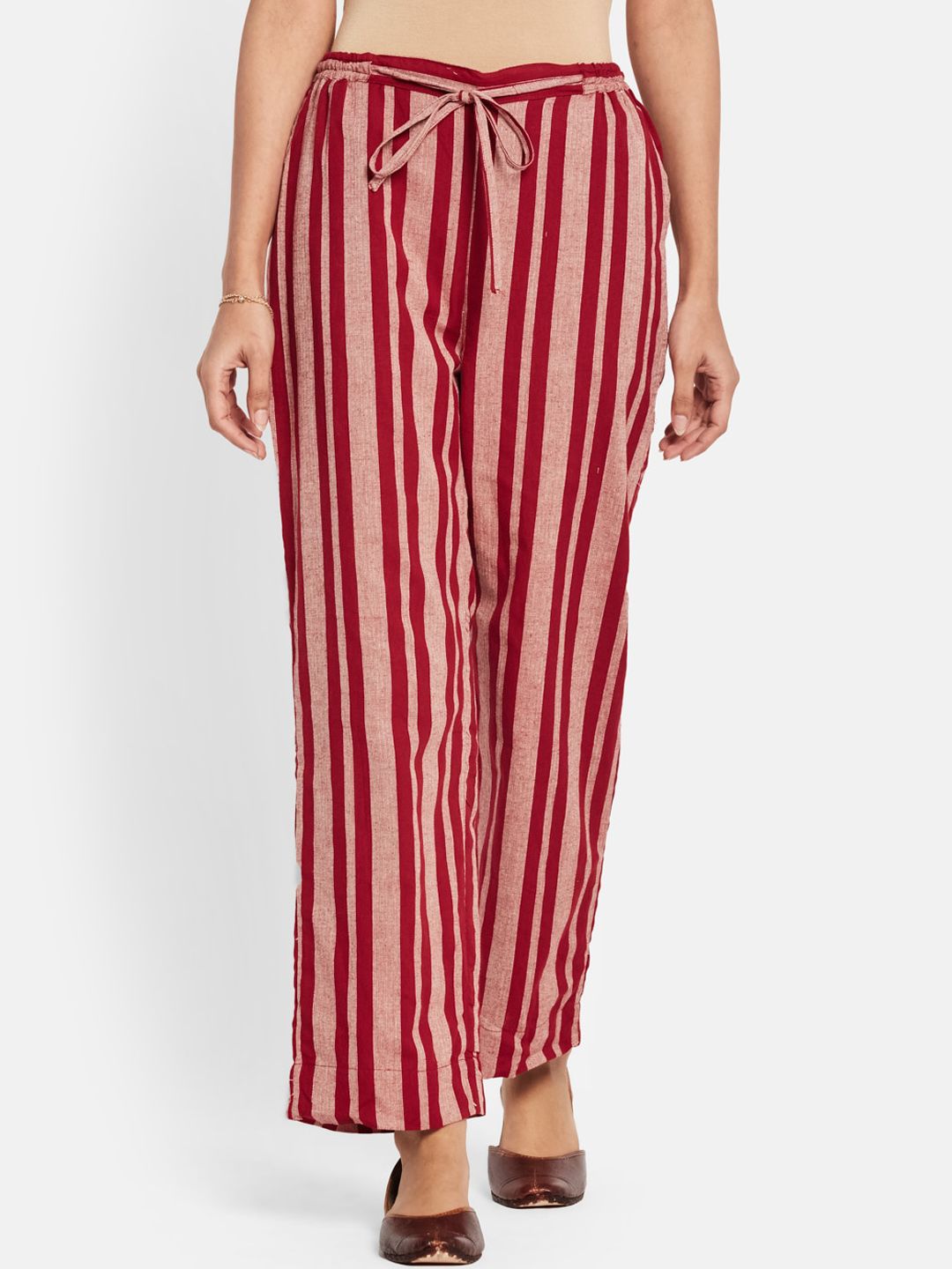 Fabindia Women Red & Beige Striped Cotton Casual Trousers Price in India
