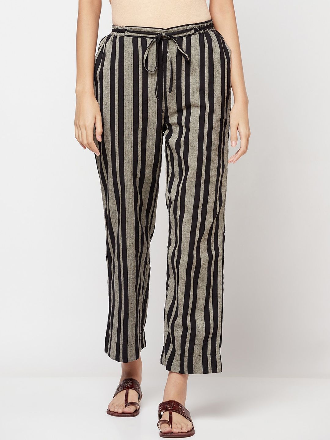 Fabindia Women Black Striped Loose Fit Cotton Trousers Price in India