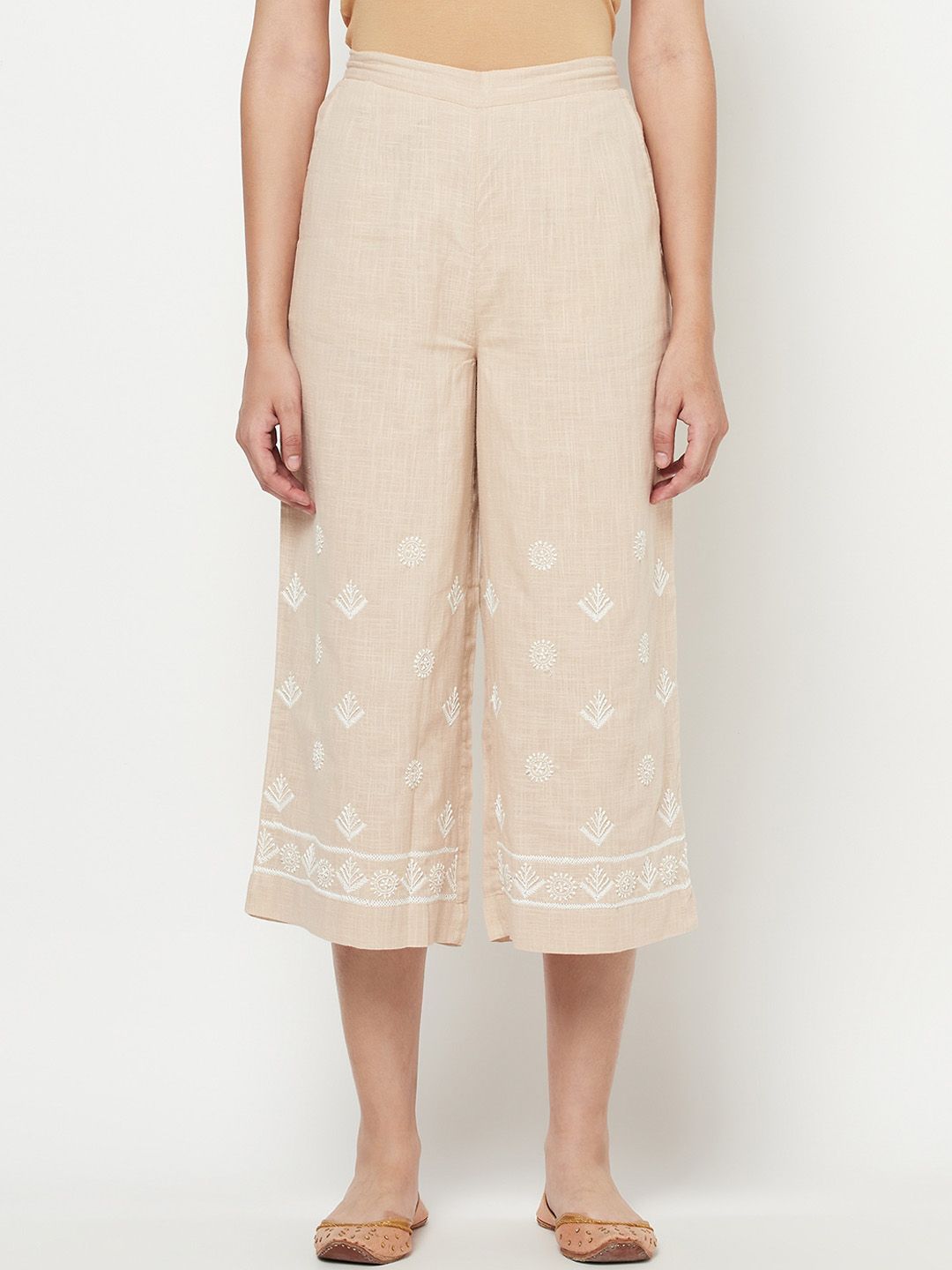 Fabindia Women Beige Ethnic Motifs Embroidered Cotton Cambric Cropped Culottes Price in India