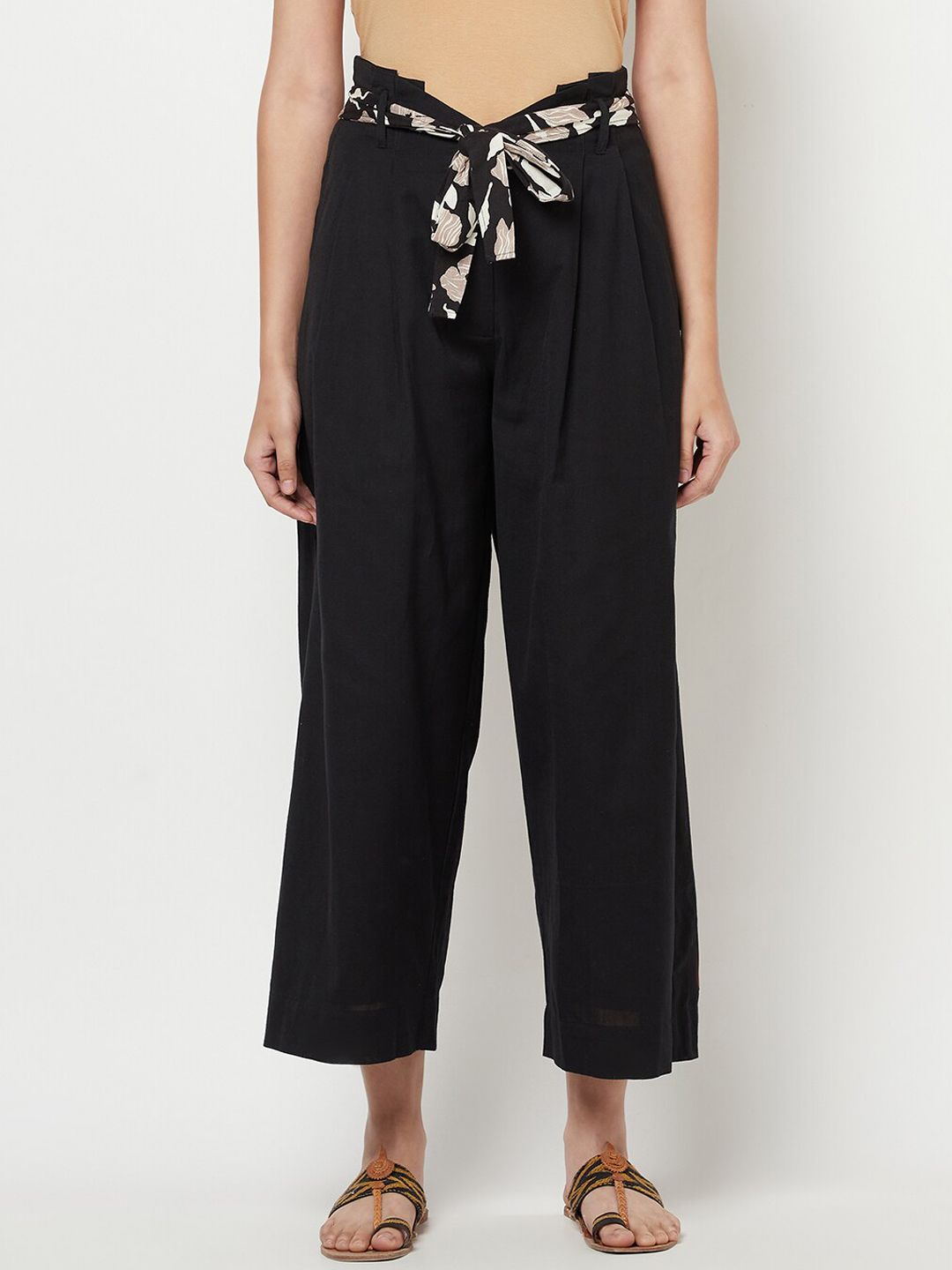 Fabindia Women Black Pleated Trousers with Belt Price in India