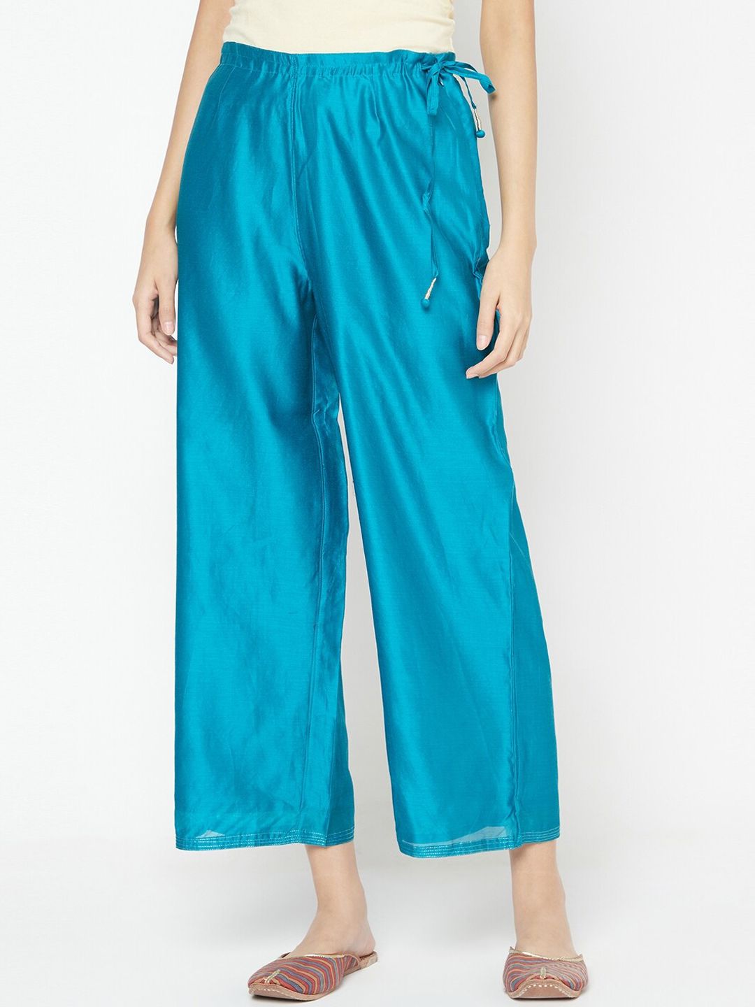 Fabindia Women Turquoise Blue Waist Tie Up Cotton Trousers Price in India