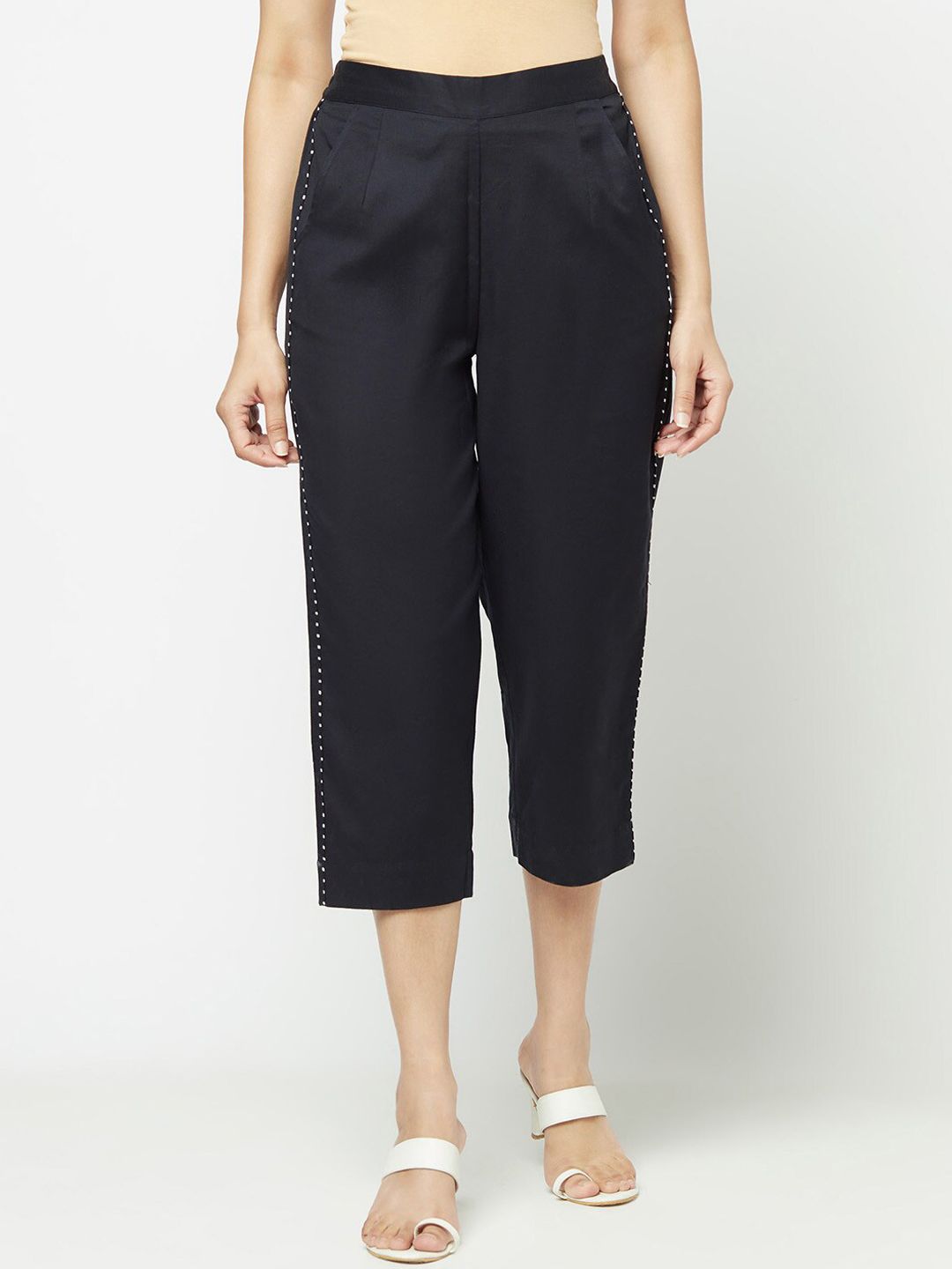 Fabindia Women Black Solid Cotton Linen Culottes Trousers Price in India