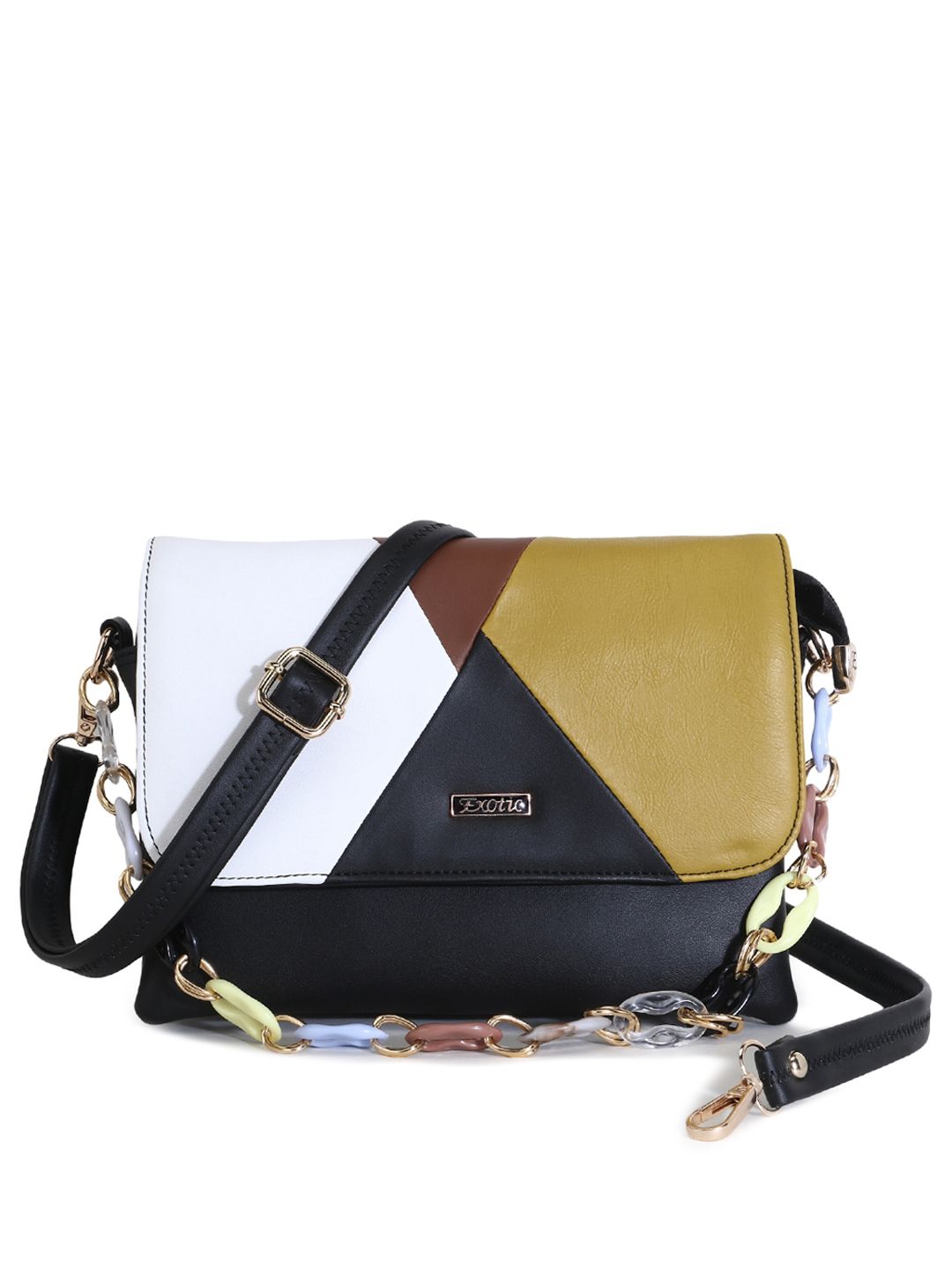 Exotic Black Women Black Colourblocked PU Structured Sling Bag Price in India