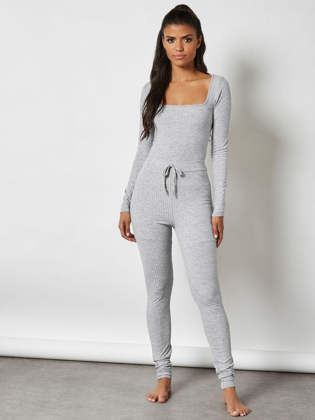 Femme Luxe Women Grey Ribbed Pyjama Set Price in India