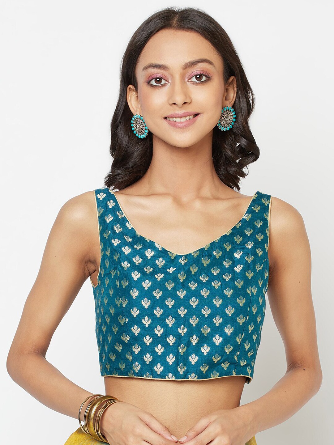 Fabindia Turquoise Blue & Silver-Coloured Woven Saree Blouse Price in India