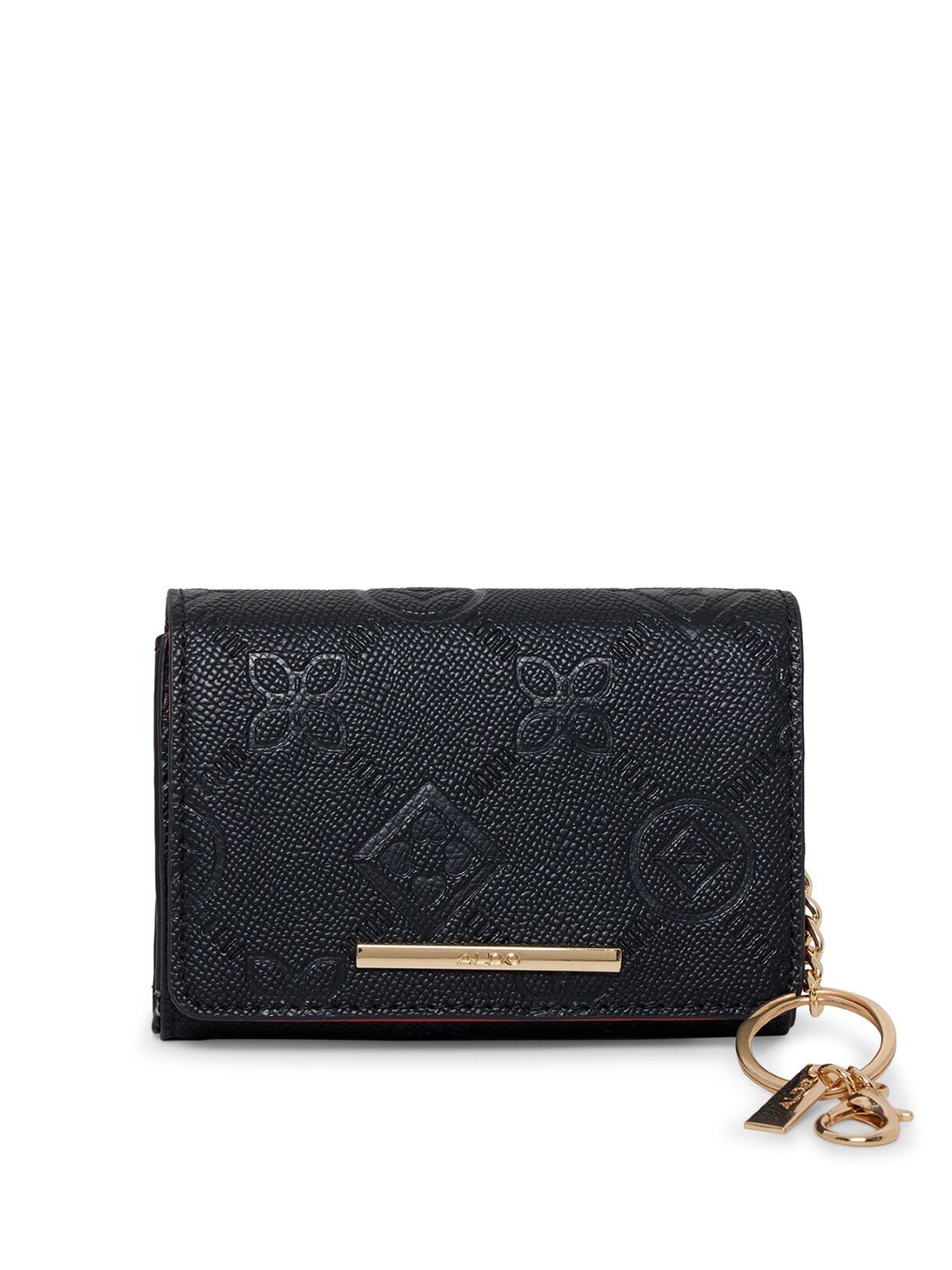 ALDO Women Black & Red Self Design Textured Zip Detail Three Fold Wallet Price in India