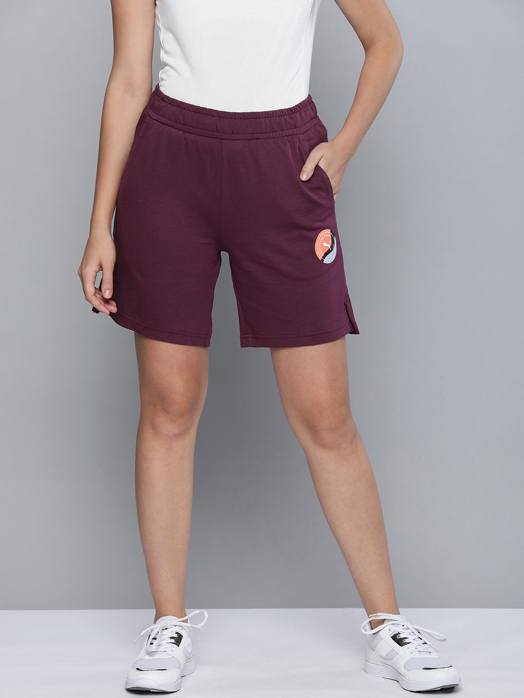 Puma Women Burgundy Graphic Logo Printed Loose Fit Sports Shorts Price in India
